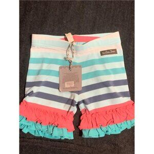 Matilda Jane Girls Striped Ruffled Shorts Aqua Pink Blue Size 4